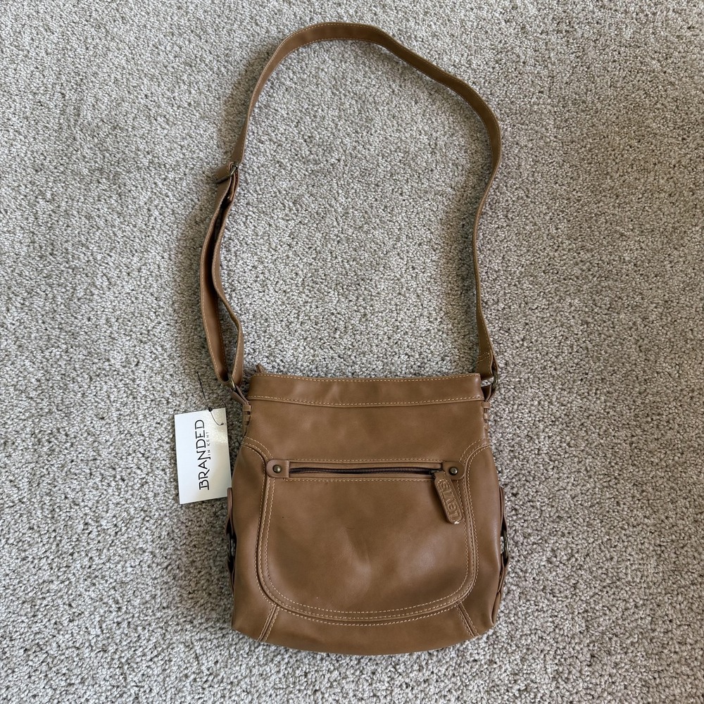 Crossbody Bag Womens Medium Brown Faux Leather Zip Pocket Stitching Casual